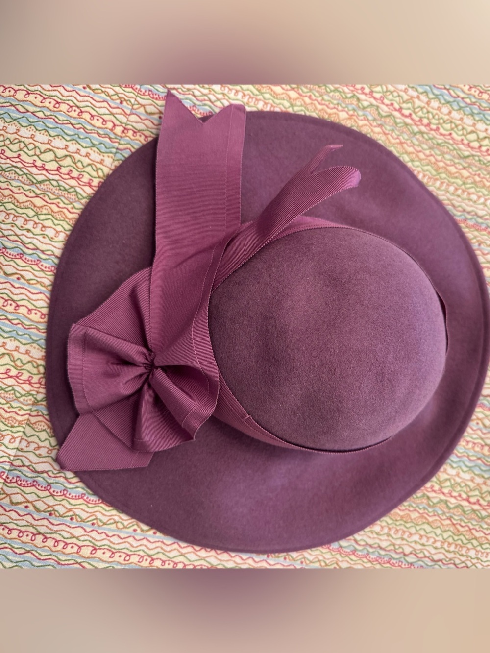 VTG Adolfo II Purple Felted Wool Wide Brim Floppy Hat Grosgrain Bow 4” Brim